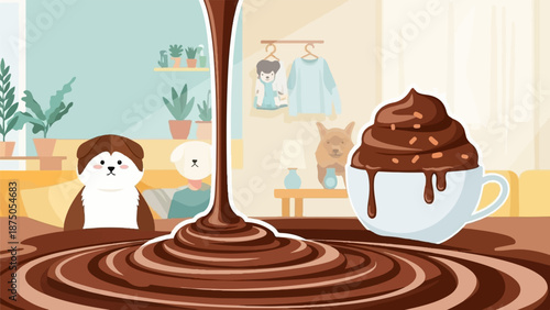 Cute cartoon dogs in a cozy room with a fantasy river of melted chocolate and a whipped cream drink