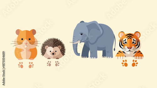 Cute flat illustrations of a hamster, hedgehog, elephant, and tiger against a cream background