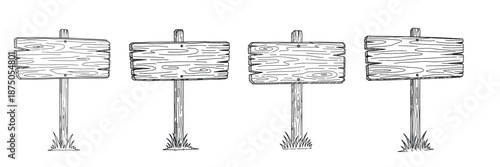 Set of Four Rustic Wooden Signs Hand Drawn Sketch Style Blank Planks on Poles for Text