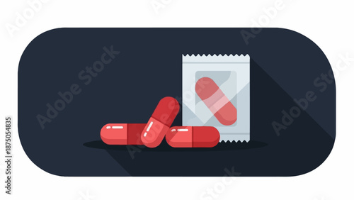 Flat design illustration of red medicinal capsules and a sachet against a dark background with shadows