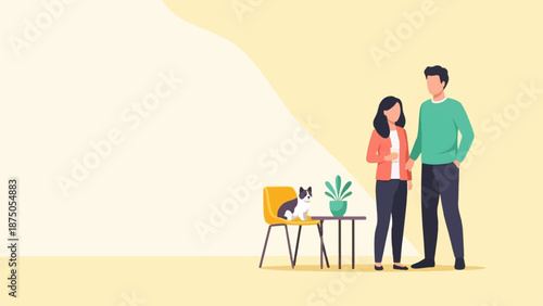 Flat illustration of a couple holding hands, with their cat on a chair and a plant on a table
