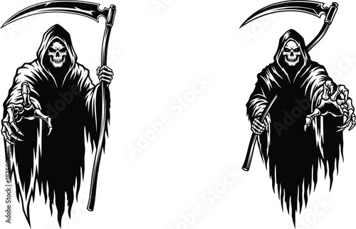 silhouette of grim reaper with scythe, menacing pose and skeletal hand outstretched