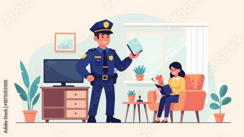 Flat illustration of a friendly police officer visiting a woman reading with her dog in a living room