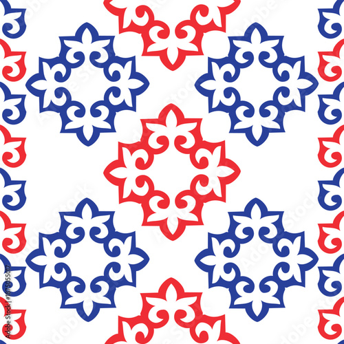 Vector seamless blue red national ornament. Turkish ornament. Moroccan tile mosaic. Ceramic tableware, folk print. Spanish pottery. Ethnic background. Mediterranean seamless  wallpaper.