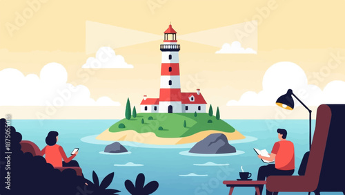 Flat illustration of a man and woman relaxing at home with a scenic view of a seaside lighthouse