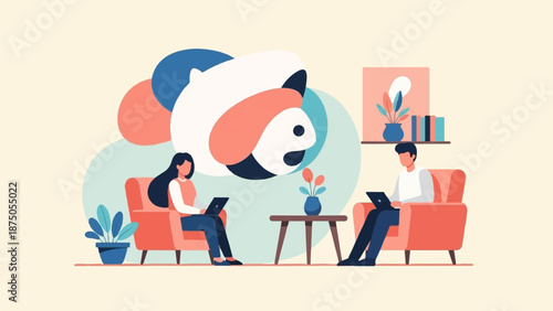 Flat illustration of a man and woman working on laptops in a modern, stylized living room setting