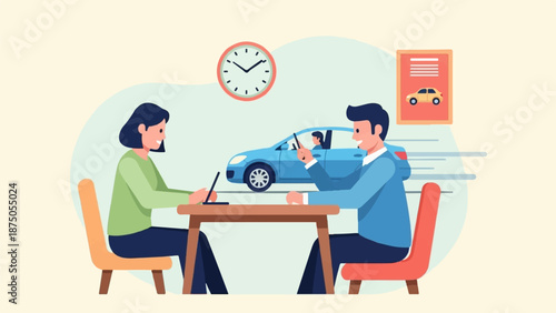 Flat illustration of a man and woman at a table discussing a fast-moving car in the background