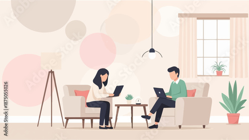 Flat illustration of a man and woman working on laptops in a cozy, modern living room