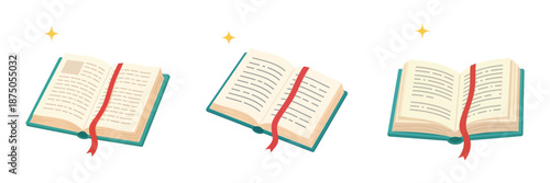 Open Books with Red Bookmark Ribbon and Sparkles Reading and Literature Concept