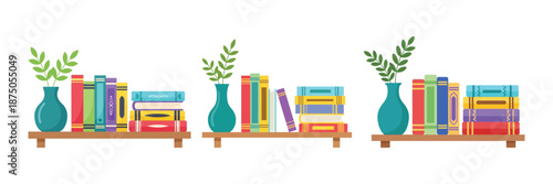 Bookshelves with Colorful Book Stacks and Plant Vases Home Library Interior Decor Icons