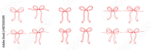 Collection of Hand Drawn Red Ribbon Bows Vector Illustration for Decorative Design Elements
