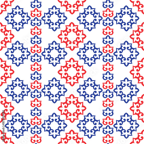 Seamless geometric pattern in red and blue featuring stylized, ornate motifs resembling traditional Central Asian or Kazakh ornaments on a white background.