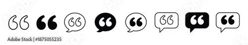 Quote Icon Set, Quotation Marks and Speech Bubble Symbols, Message and Text Quote UI Icons, Outline and Solid Style, Vector Illustration