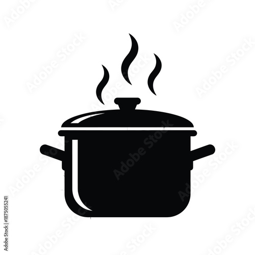 Vector illustration icon black silhouette of a cooking pot with steam rising from it on a grid patterned white background