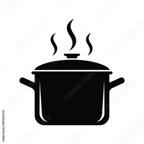 Vector illustration icon black silhouette of a steaming hot cooking pot on white background