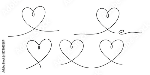Continuous Line Heart Shapes Set Hand Drawn Minimalist Love Symbols for Wedding and Valentine