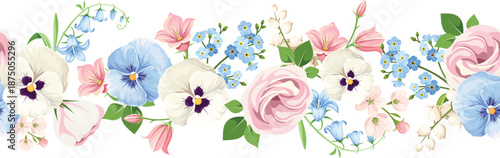 Seamless Horizontal Floral Border with Pansies, Roses, and Forget-Me-Nots. Botanical Spring Garden Garland for Wedding Stationery, Website Headers, and Textile Design. Vector Flower Illustration