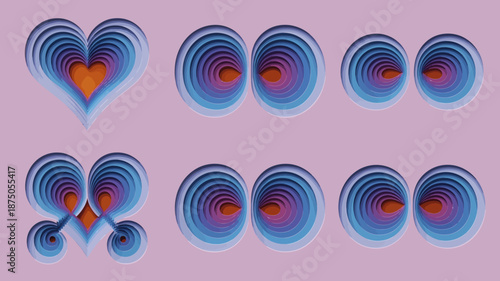 Abstract layered paper cut heart and circular patterns with blue and pink hues on pink background