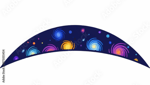Swirling, colorful galaxies and dots in a cosmic arc against a dark blue background
