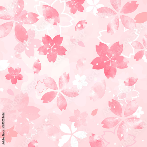 桜の手描き風の和風花びら背景_正方形