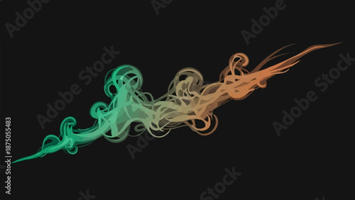Swirling wisps of green and orange smoke drift across a dark background