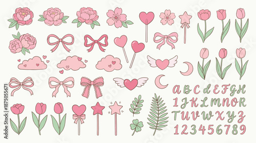 Cute Pink Valentine's Day Illustration Set with Flowers, Bows, Hearts, and Hand-Drawn Alphabet