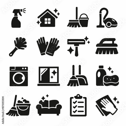Household cleaning icons set featuring cleaning supplies and tools
