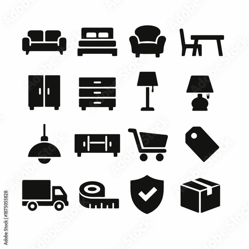 Black silhouette icons of furniture and shopping essentials