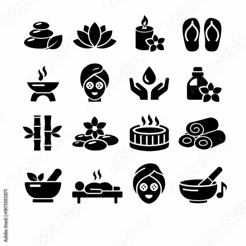 Spa and wellness icon set featuring massage, aromatherapy, and relaxation symbols