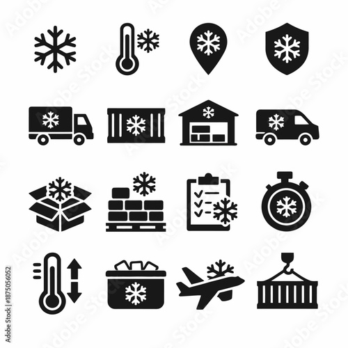 Cold chain logistics icons: transport, storage, temperature control symbols