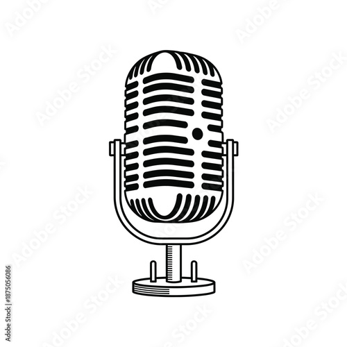 Vector illustration icon vintage microphone illustration in black and white on isolated white background for music or radio concepts
