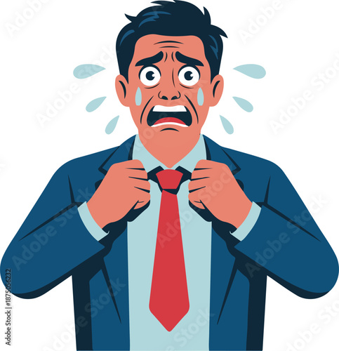 Stressed Office Worker Flat Vector Illustration of a Panicked Businessman in a Suit Adjusting His Tie