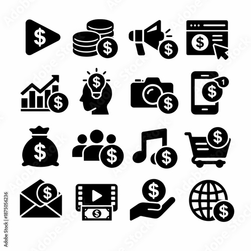 Icons representing online earning and financial growth: money, marketing, e-commerce, investments