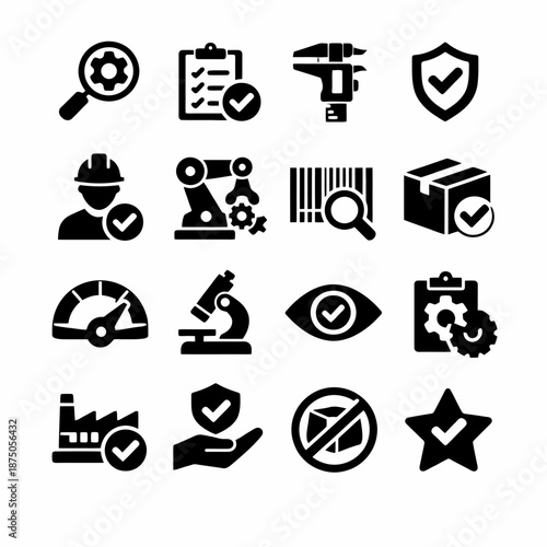 Industrial icons set: factory, tools, security, quality assurance, automation
