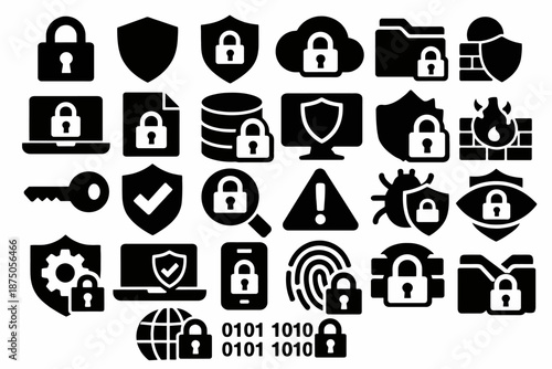 Cybersecurity icons: lock, shield, firewall, key, encryption, protection elements