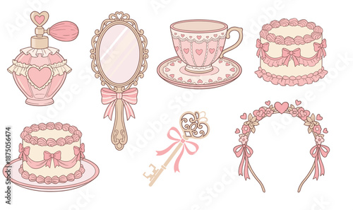 Cute Pink Coquette Aesthetic Illustration Set with Vintage Mirror, Cake, and Perfume