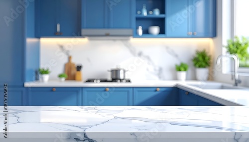 A modern kitchen featuring blue cabinetry, marble countertops, and potted plants enhancing the bright atmosphere