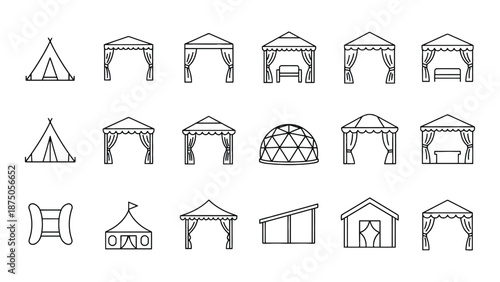 A collection of various tent and gazebo illustrations in black and white