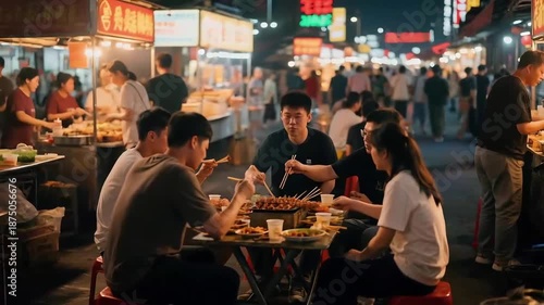 The bustling atmosphere of Asian night market food streets