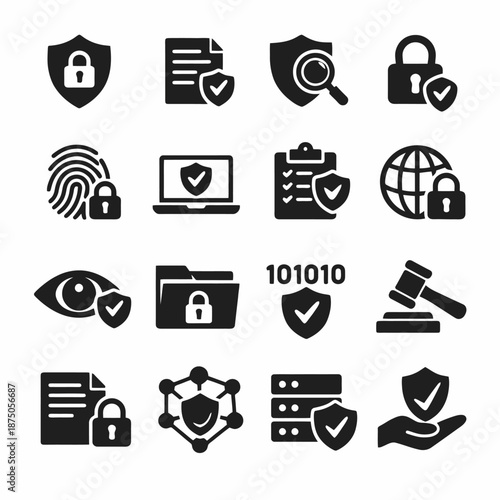 Cybersecurity icons: lock, shield, fingerprint, file, network, gavel, eye, server