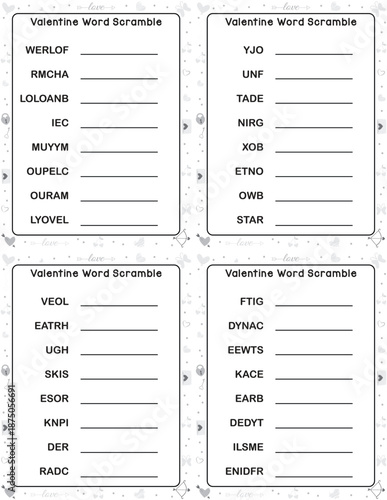 Valentine word scramble puzzle set with love-themed words in black and white, horizontal printable activity worksheets for kids