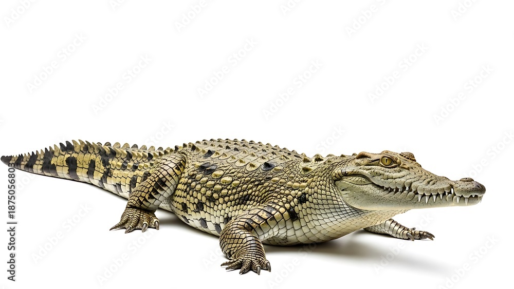Naklejka premium Captivating Full-Body Portrait of a Large Crocodile Isolated on a White Background | Detailed Reptile Skin Texture, Scales, and Powerful Jaws of a Dangerous Wild Predator.