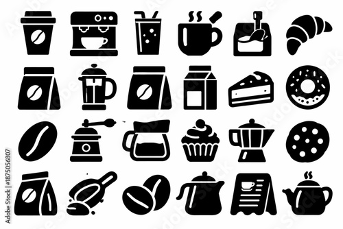 Coffee and bakery icons: cups, machines, desserts, beans, tools in bold silhouettes