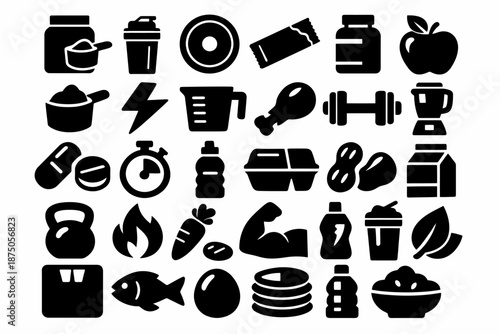 Fitness and nutrition icon set: weights, supplements, and healthy foods