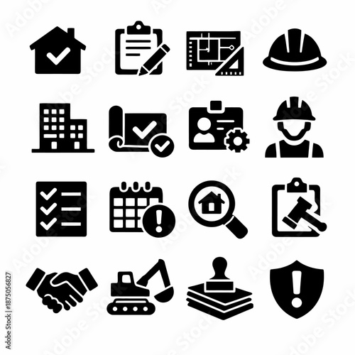 Construction and real estate icon set: tools, plans, and safety symbols