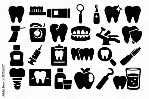 Dental care icons: toothbrush, toothpaste, floss, implant, magnifying glass