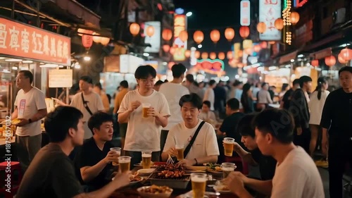 The bustling atmosphere of Asian night market food streets