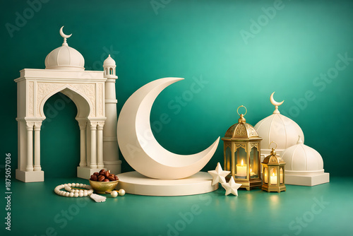 Calm emerald gradient and ivory architecture background expressing modern Eid serenity