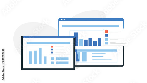 Flat illustration of digital analytics workspace with multiple devices and graphs