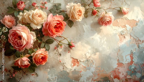 A delicate arrangement of vibrant pink and cream roses gracefully drapes across a textured pastel backdrop